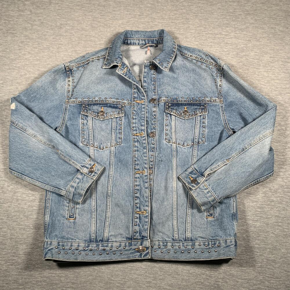 Free People Jacket Womens Small Blue Denim Studded Distressed Jean Western Boho